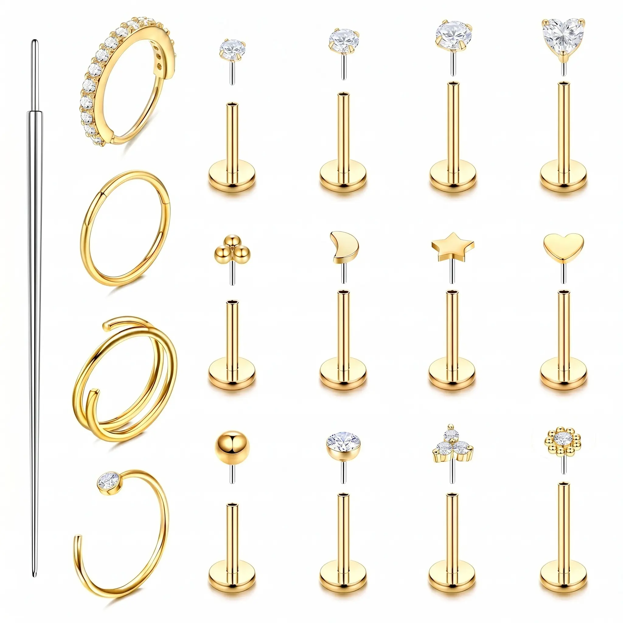 17PCS Gold/Silver Flat Back Piercing Stud-Hoop Set, Hypoallergenic Medical Grade Stainless Steel Push-In Fit Jewelry, for Nose Piercing, Sensitive Ears with Insertion Pin