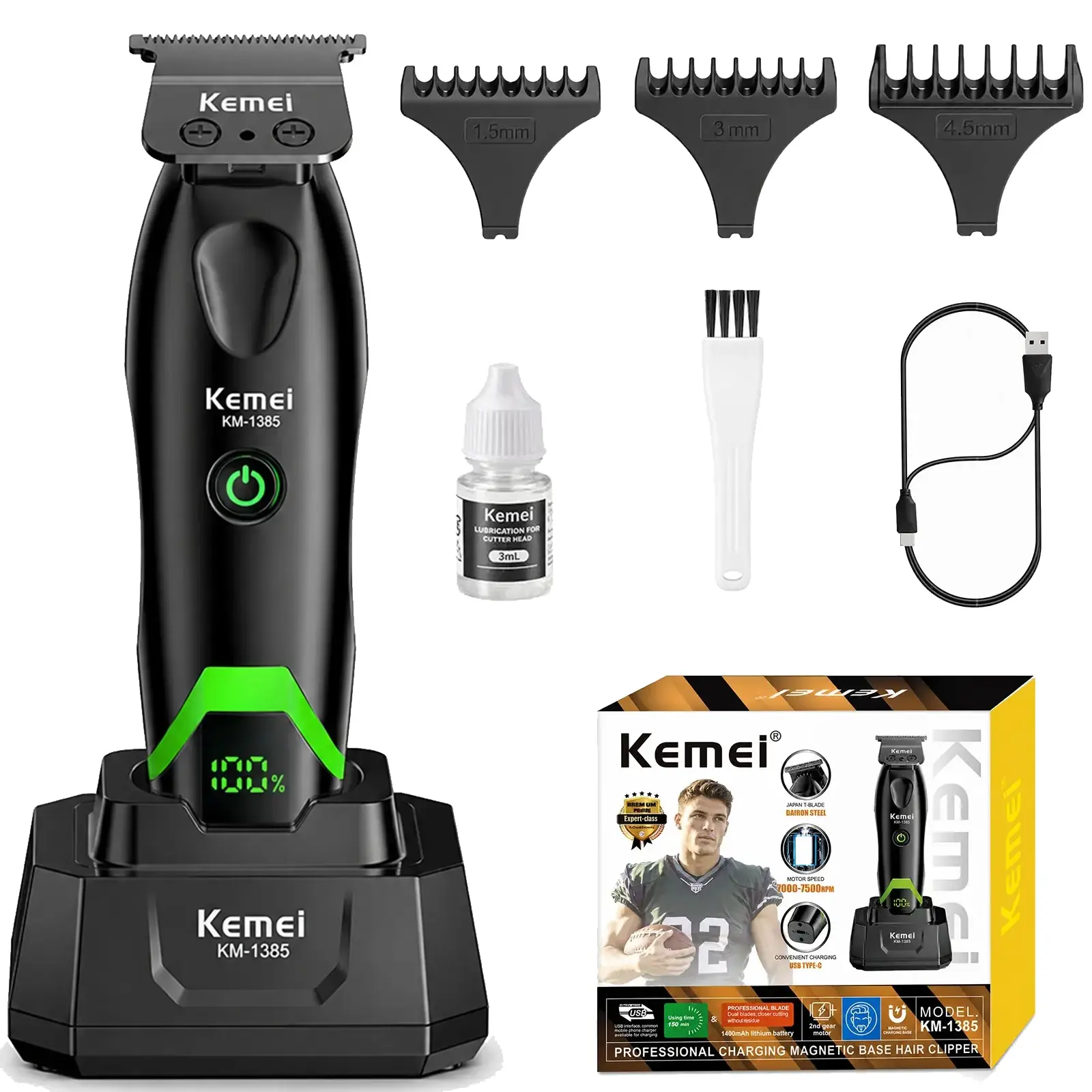 Kemei KM-1385 Professional Smooth Ergonomic Hair & Beard Trimmer for Men, Cordless T-Blade Clipper with LED Display, Rechargeable Everyday Grooming Kit for Face, Ideal Gift Option, Powerful Motor