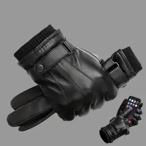 Warm Lined Black Leather Gloves for Men Adjustable Wrist Closure Outdoor Essential