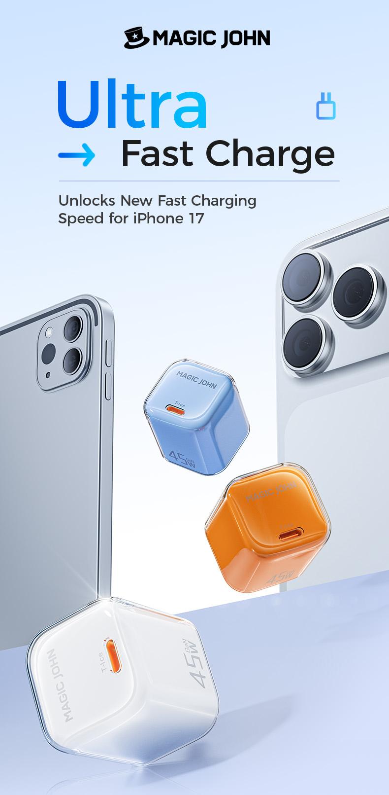 MAGICJOHN 45W USB-C Fast Charger – Compact Power Adapter for iPhone 17/16/15 Pro Max/Air – Quick, Travel-Friendly Mini Plug