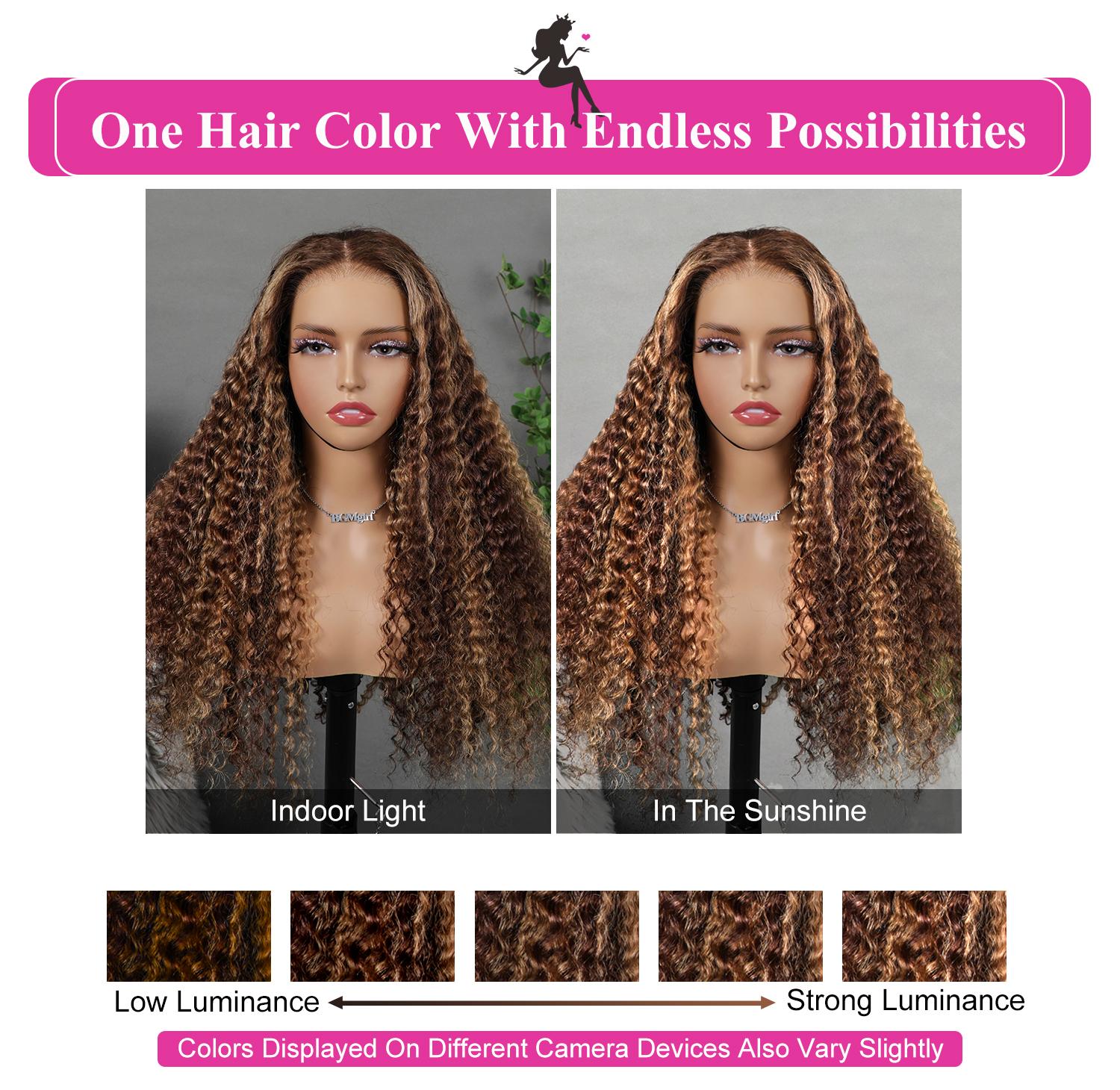 BGMgirl Highlight Brown Kinky Curly Deep Wave 6*4 Wear Go Water Wave 180% Density Kinky Straight Glueless Pre Plucked Pre Cut Lace Closure Human Hair Wig eve valentines day gift