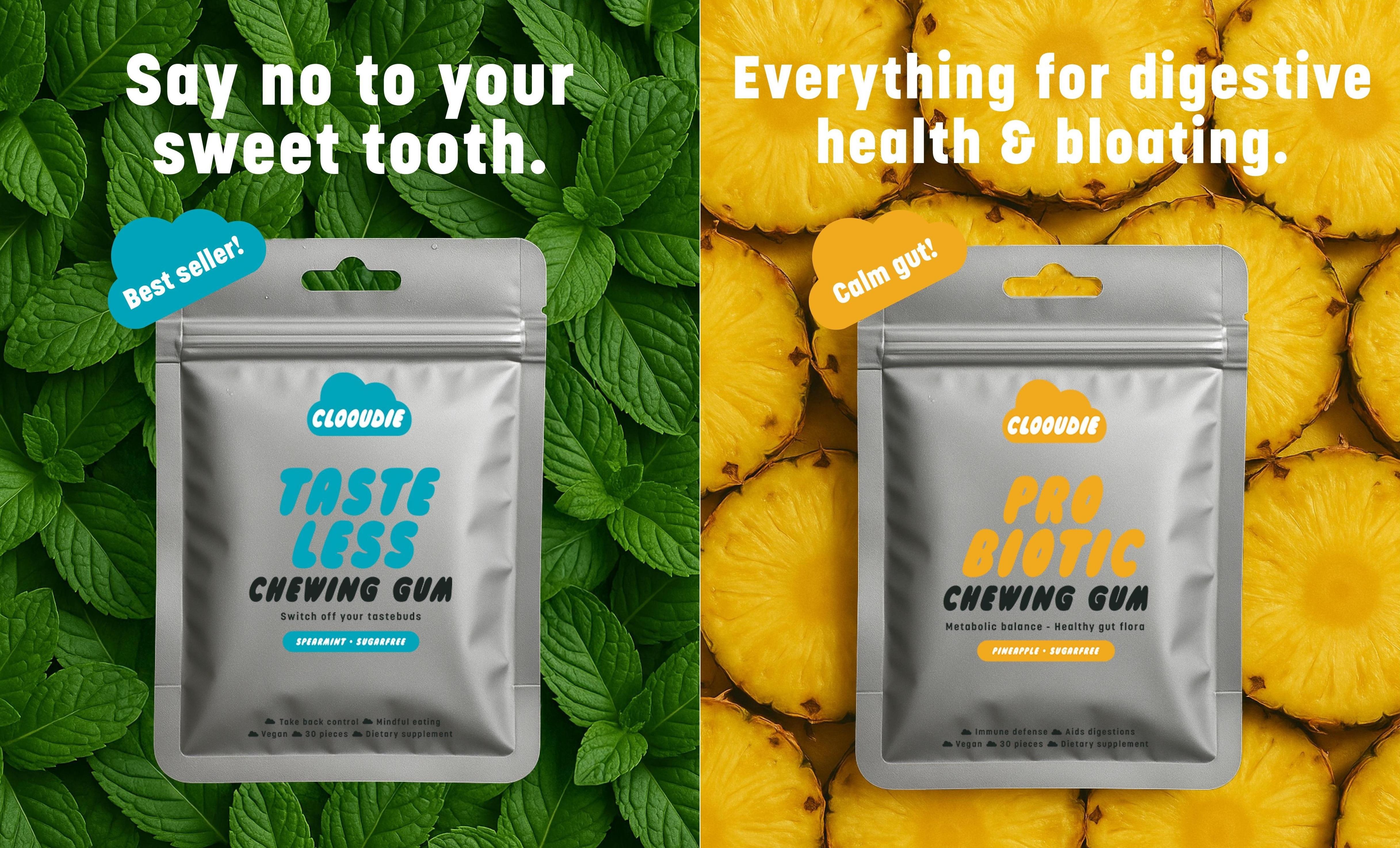 Clooudie Gut Health Kit: Tastless Chewing Gum + Probiotic Chewing Gum, Support Gut & Digestive Wellness, Reduce Sweet Signal, Help With Eating Healthy, Clinically Tested, Vegan, Non-GMO & Sugar-Free