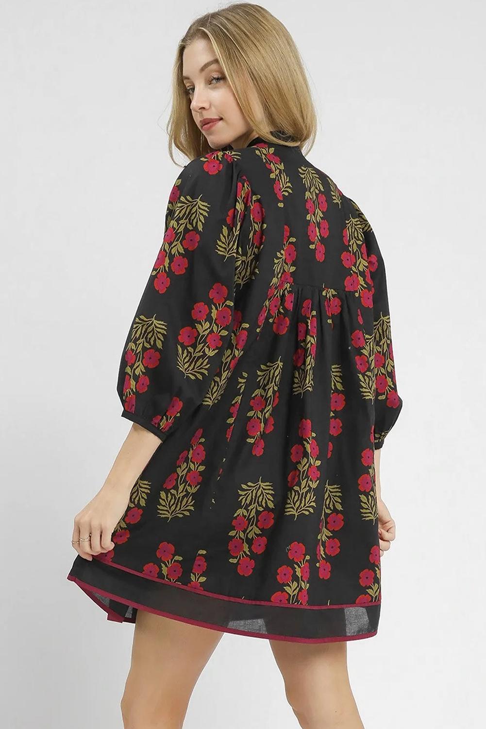 Mntaor Womens Boho Green Floral Puff Sleeve Collar Buttoned Babydoll Dress Loose Fit Mini Sundress Casual Style - Comfort