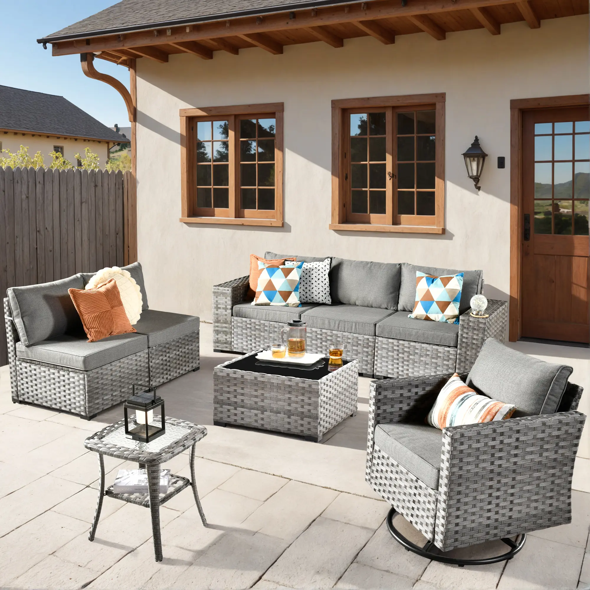 【Summerfinds】OVIOS 8-Piece Patio Furniture Set with Swivel Rocking Chairs, All-Weather PE Wicker Sectional Sofa Set with Thick Cushions & Coffee Table for Backyard, Patio, Deck & Porch