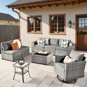【Summer Vibes】OVIOS 8-Piece Outdoor Patio Furniture Set, Wicker Sectional Sofa with Swivel Rocking Chair & Coffee Table, Conversation Set with Cushions for Backyard Patio Porch Deck Garden Balcony Outdoor Seating