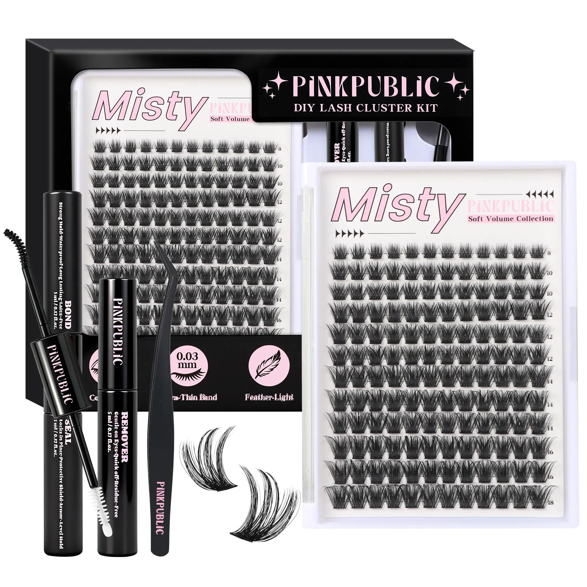 PINKPUBLIC Lash Clusters Kit – Waterproof, long-lasting lash clusters; soft, lightweight individual lashes with bond and seal, remover, tweezers; beginner-friendly