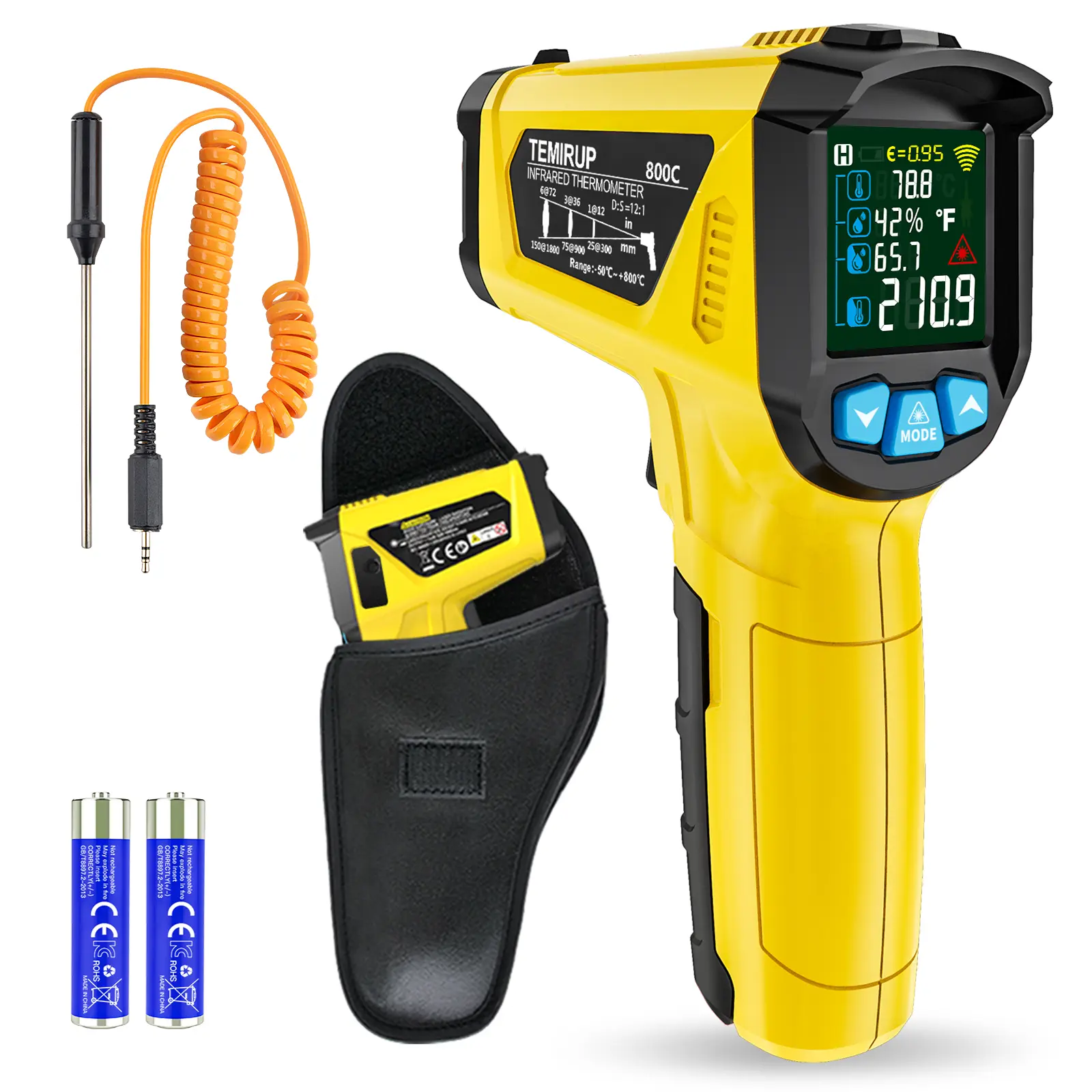 TEMIRUP Digital Infrared Pyrometer with Probe, 800°C Model, -58 to 1472°F (-50 to 800 degrees celsius) Range, Adjustable Emissivity, Humidity-Measuring Yellow Temperature Tool, 800C Model