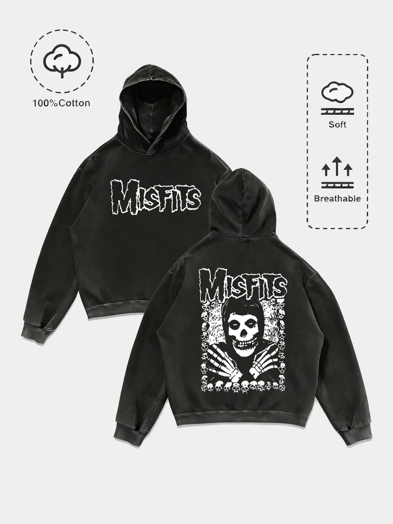 Dark Punk Casual Style Misfits Skull Print Graphic Hoodie Pullover Tops, 100% Cotton Vintage Craft, Soft Breathable, Loose Fit, Fall & Winter Streetwear Sweatshirts
