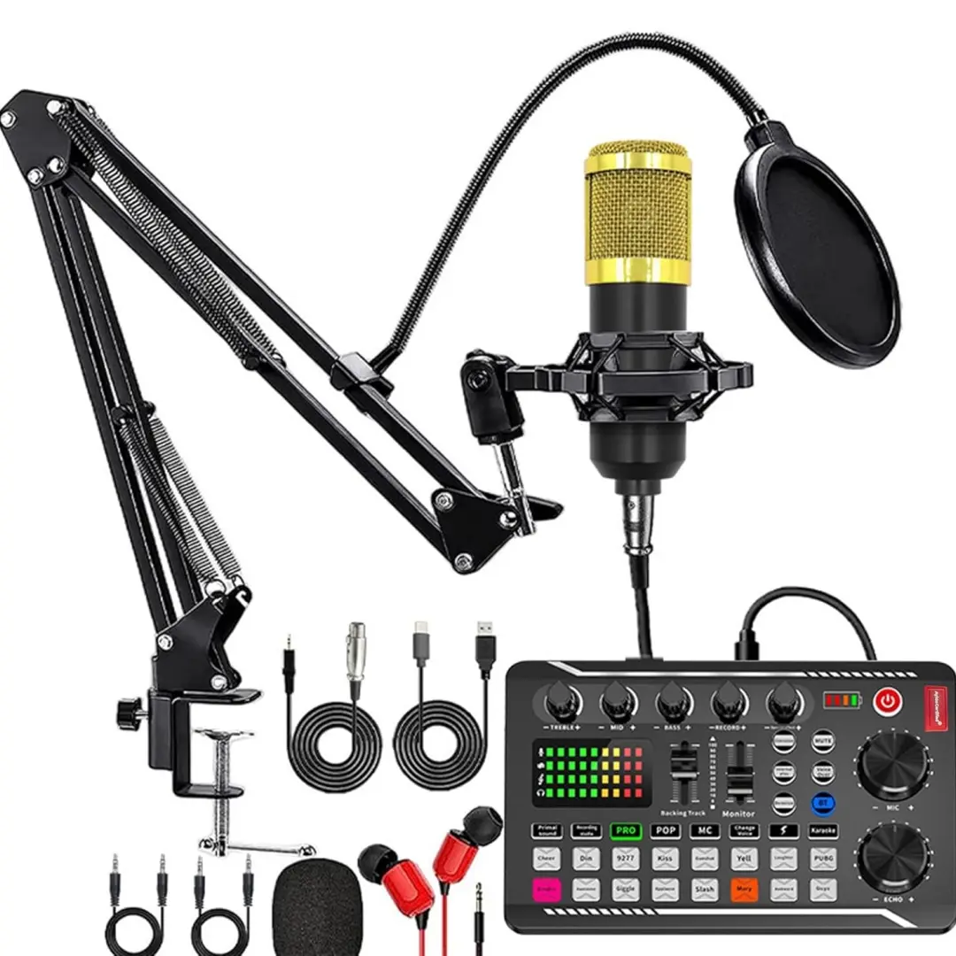 BM-800 USB Rechargeable Condenser Singing Mic Bundle - Singing Kit with Live Sound Card, Voice Changer Device, Audio Mixer, 4 Special Functions, Battery, Micro USB for PC, Smartphone, iPads, Streaming Equipment, Podcasting, Windows Studio Recording, Singe