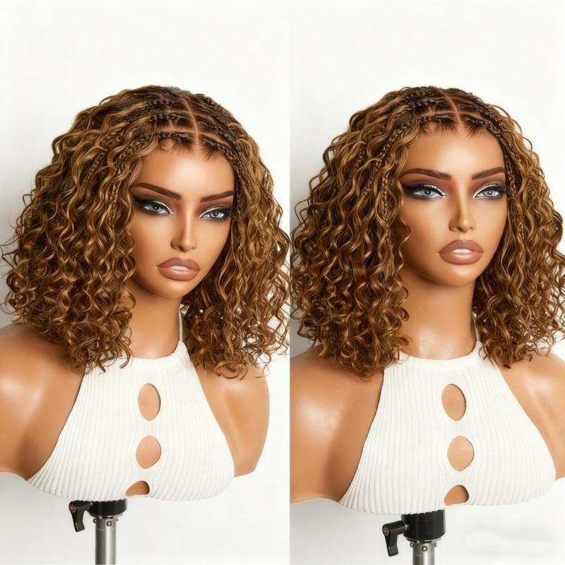 Flash Sales Boho Braided Deep Curly 5x5 Closure Lace With Braided Bob Human Hair Wigs Curly Deep Wave Glueless Pre Cut Plucked Lace Short Wig Ready To Go Ombre Brown Highlight