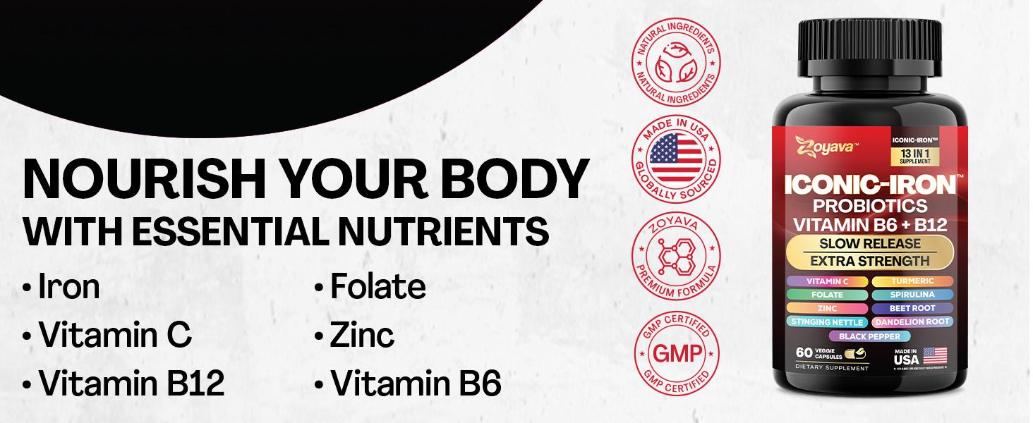 Zoyava Iconic-Iron Supplement - Women's Menstrual Cycle Support -  with Iron, Probiotics, Vitamin B6 + B12 & 10+ Extra Strength Ingredients - 60 Capsules - Made in USA