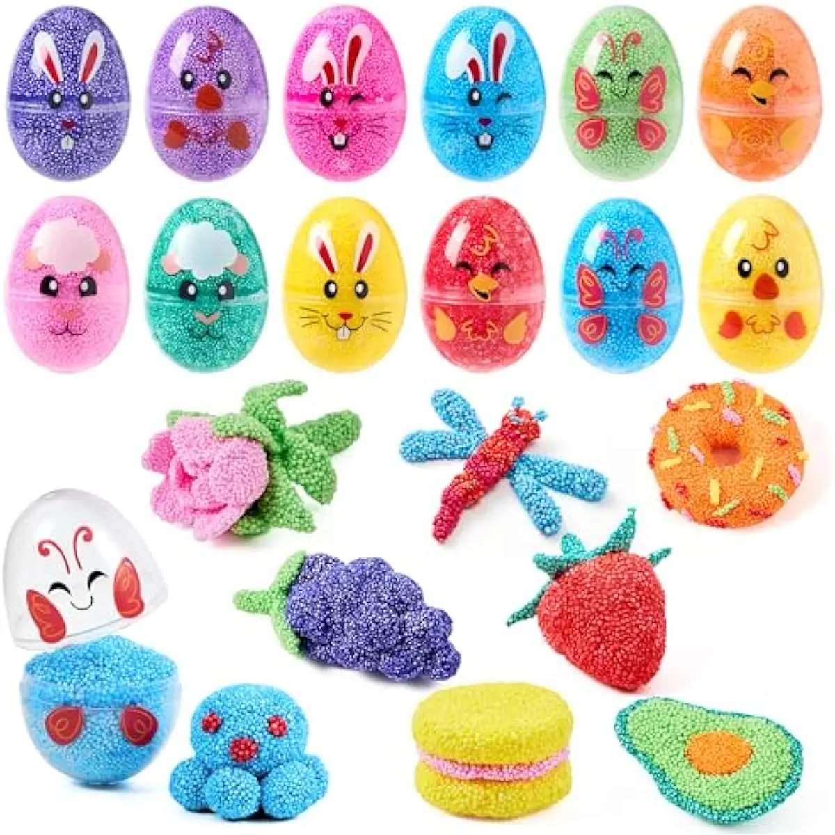 12 Pcs Easter Prefilled Eggs with Foam Squishy Toy, Cute Foam Stress Reliever Squishy Toy Fillers for Easter Egg Hunt, Basket Stuffer, Kids Party Favor, DIY Arts Crafts, Classroom Prize Supplies