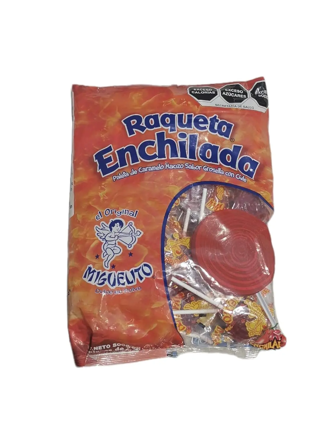 Miguelito Raqueta Enchilada Hard Caramel Grosella Flavored With Chili Lollipop Mexican Candy 40 Pieces