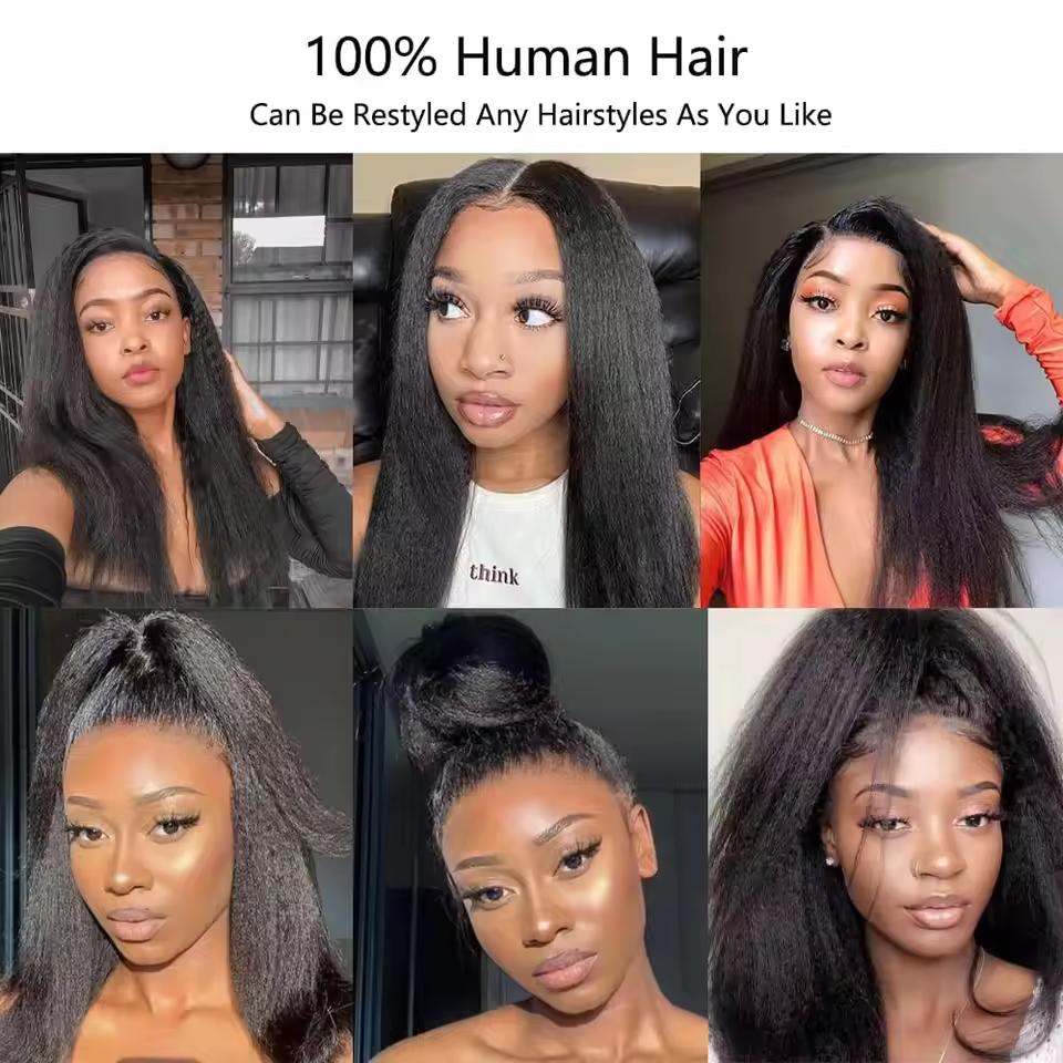 Kinky Straight 13x6 Lace Front Human Hair Wigs Invisi Strap 360 Full Lace Glueless Wig Kinky Straight Pre Cut Pre Plucked 360 Lace Frontal Wig 180 Density Brazilian Yaki Straight Glueless Wig For Black Women
