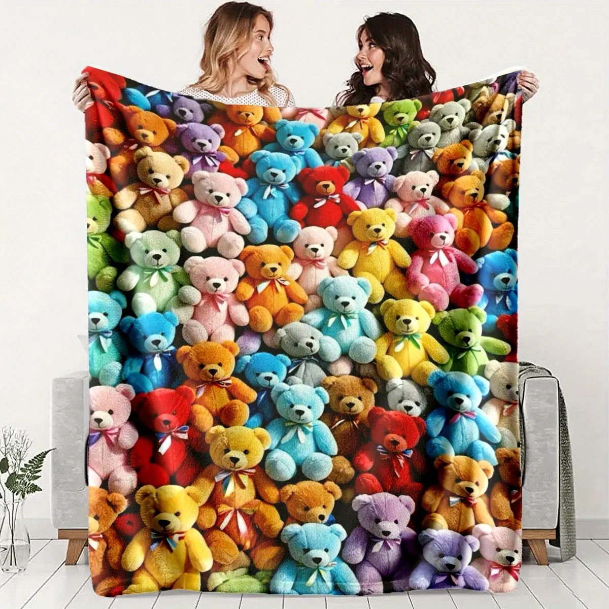 Colorful Plush Bear Group Flannel Blanket - Comfortable and Soft, 100% Polyester Fiber, Warm and Anti-Pilling, Machine Washable, Plush Shawl, Suitable for Naps, Camping, Travel - An Ideal Gift for All Seasons