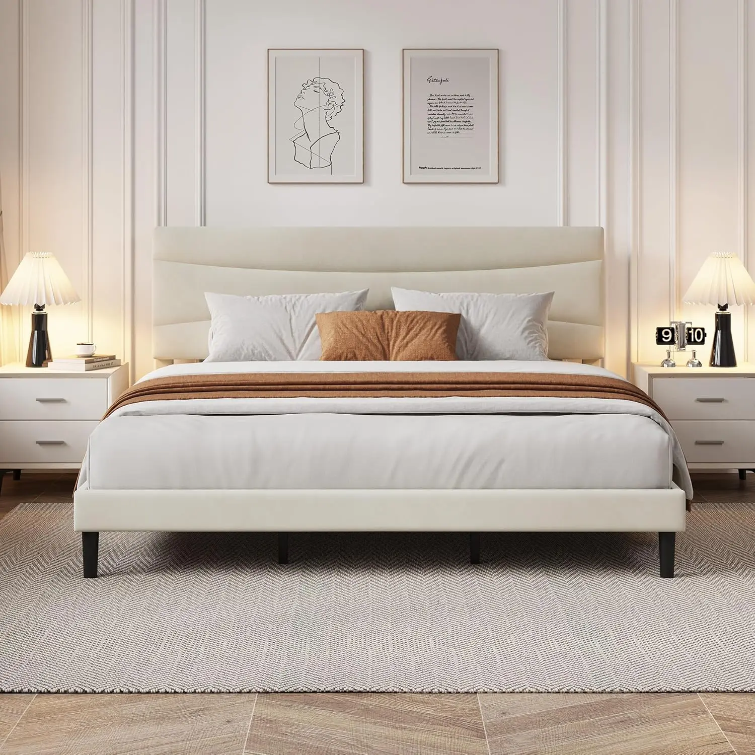 Modern Minimalist Upholstered Soft Bedframe with Headboard - Elegant Bed Frame, Engineered Wood Slats Support, No Box Spring Needed, Easy Assembly, Headboard Bed Frame, Bed Frames