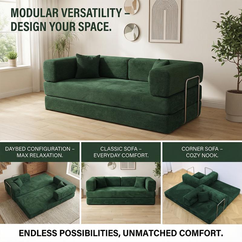 79" Convertible Sleeper Sofa Bed with Cylindrical Pillow Corduroy Folding Mattress Couch Fixed-Shape Frame Modular Compressible Living Room Sofa Set Vintage Suede Comfortable Lounge Chair Lazy Sofa Bean Bag Bedroom Sleeper Modern Cloud Loveseat