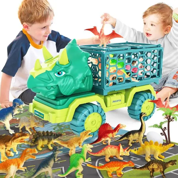 Dinosaur Truck Toys for Kids 3-5 – Triceratops Car with 15 Dino Figures, Large Play Mat, Dinosaur Eggs & Play Set – Boys & Girls Easter Gifts, Stocking Stuffers