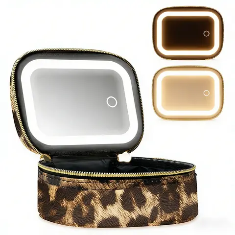Leopard Print Mini Travel Makeup Bag with LED Light Mirror,Lipstick & Eyebrow Pencil Storage, Rechargeable Touch Dimmable 3-Level Brightness, Portable Cosmetic Organizer Toiletry Bag for Women, On-the-Go Beauty Pouch, Gift for Women