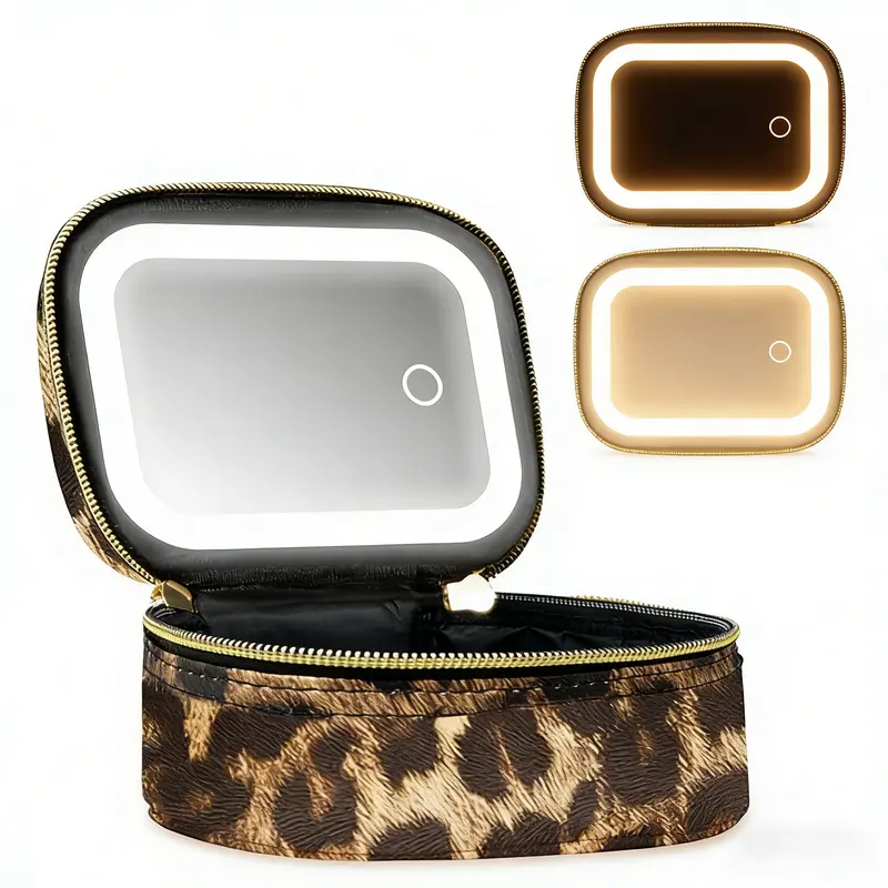 Leopard Print Mini Travel Makeup Bag with LED Light Mirror,Lipstick & Eyebrow Pencil Storage, Rechargeable Touch Dimmable 3-Level Brightness, Portable Cosmetic Organizer Toiletry Bag for Women, On-the-Go Beauty Pouch, Gift for Women