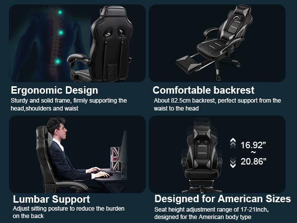 GTPLAYER Gaming Chair with Footrest, Big and Tall Game Chair 350lb Racing Style Computer Chair, Ergonomic Executive Office Chair High Back with Lumbar Support and Recliner