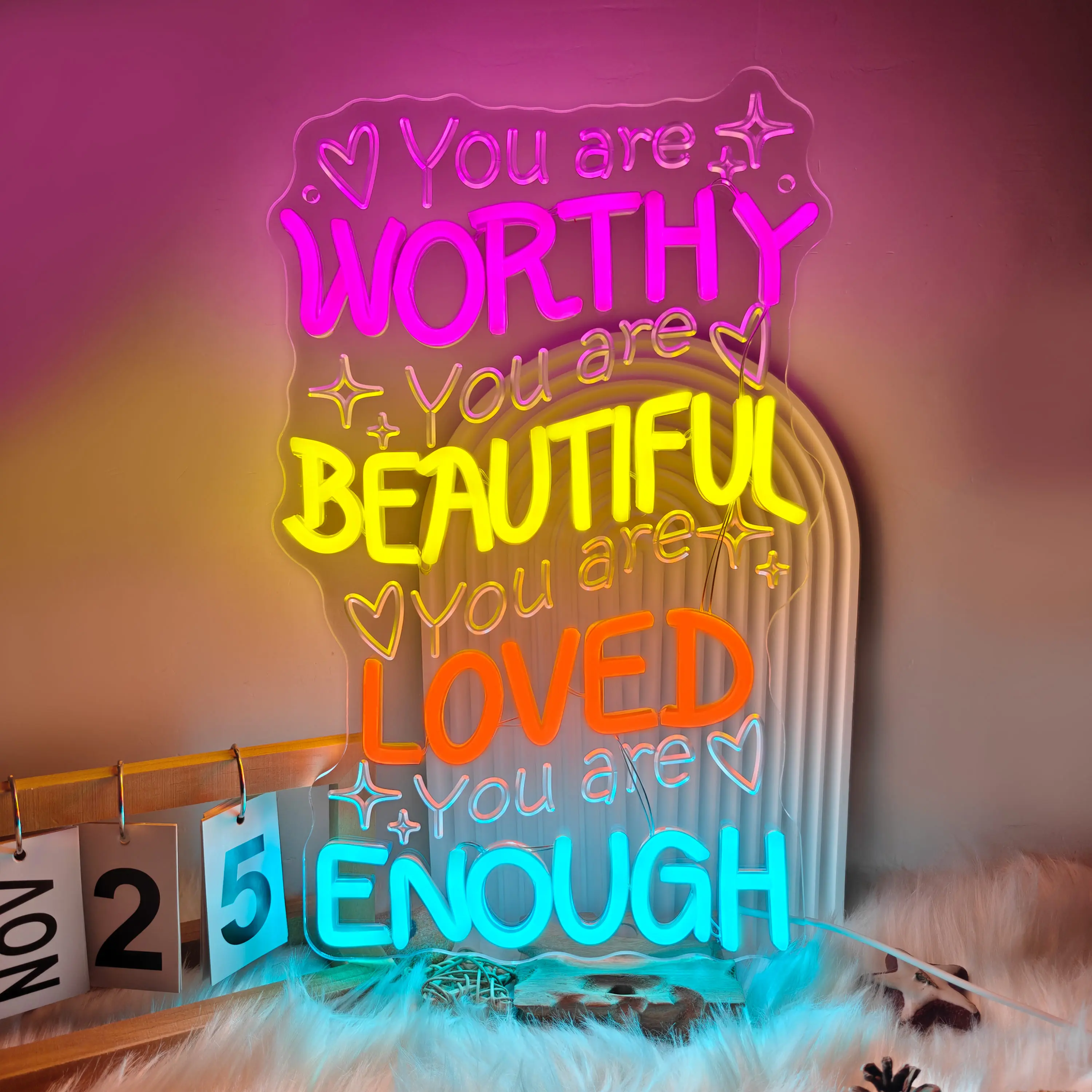 You Are Worthy Acrylic Neon Sign, LED Indoor Ambient Lighting Wall Decoration with Motivation Slogan, Home Decor for Christmas & Birthday Gifts (Self or Friends), Night Light