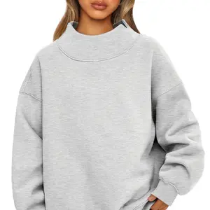 2025 Women's Sweatshirt Long Sleeve High Neck Pullover Sweatshirt Casual Hoodie Fleece Top Women Mock Neck Jumper Light Gray Womenswear Basic Minimalist