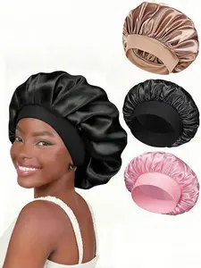 [Llanes] 1pcs Silk Sleep Bonnet Set - Satin Hair Wrap For Curly/Natural Hair With Soft Elastic Band (Black & Gold), Gentle Night Cap For Hair Protection & Frizz Control