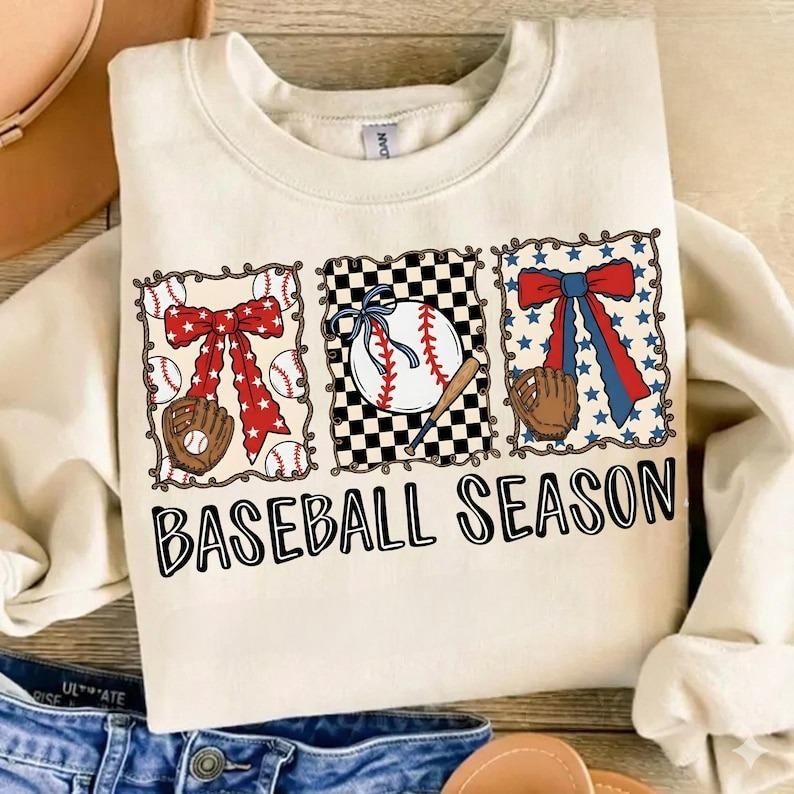 Preppy Baseball Season Coquette Bow Sweatshirt, Brushstroke Game Day Baseball Shirt, Cute Baseball Bow Checkered Tee, Baseball Mama, Sports Lover Gift