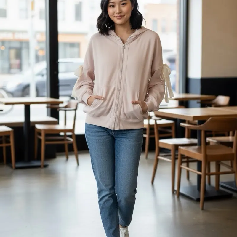 Belle Tye Jacket - Soft Pink Zip-Up with Bow Details & Comfortable Fit for Everyday Wear
