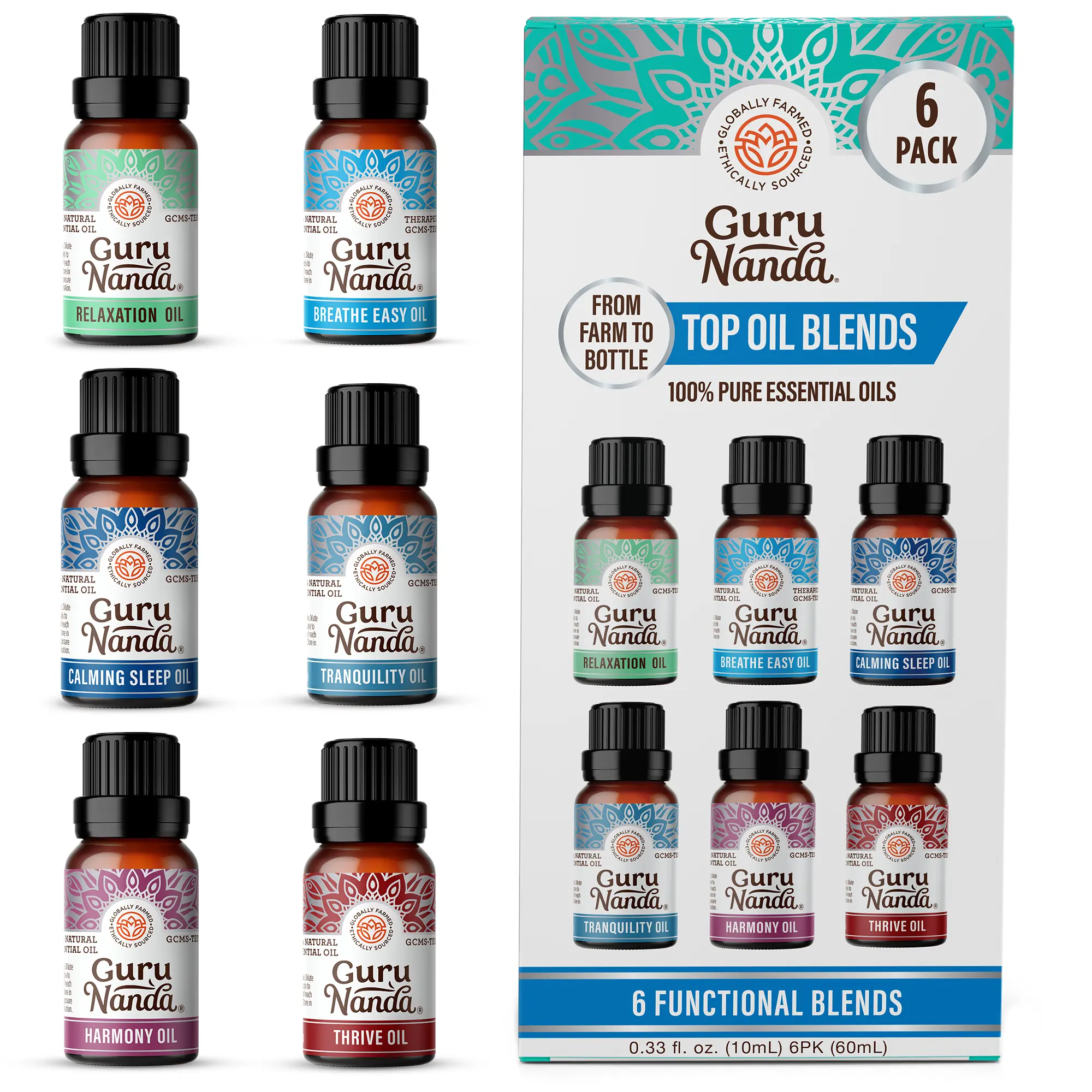 GuruNanda 6 Essential Oil Blends Set - Wellness Aromatherapy