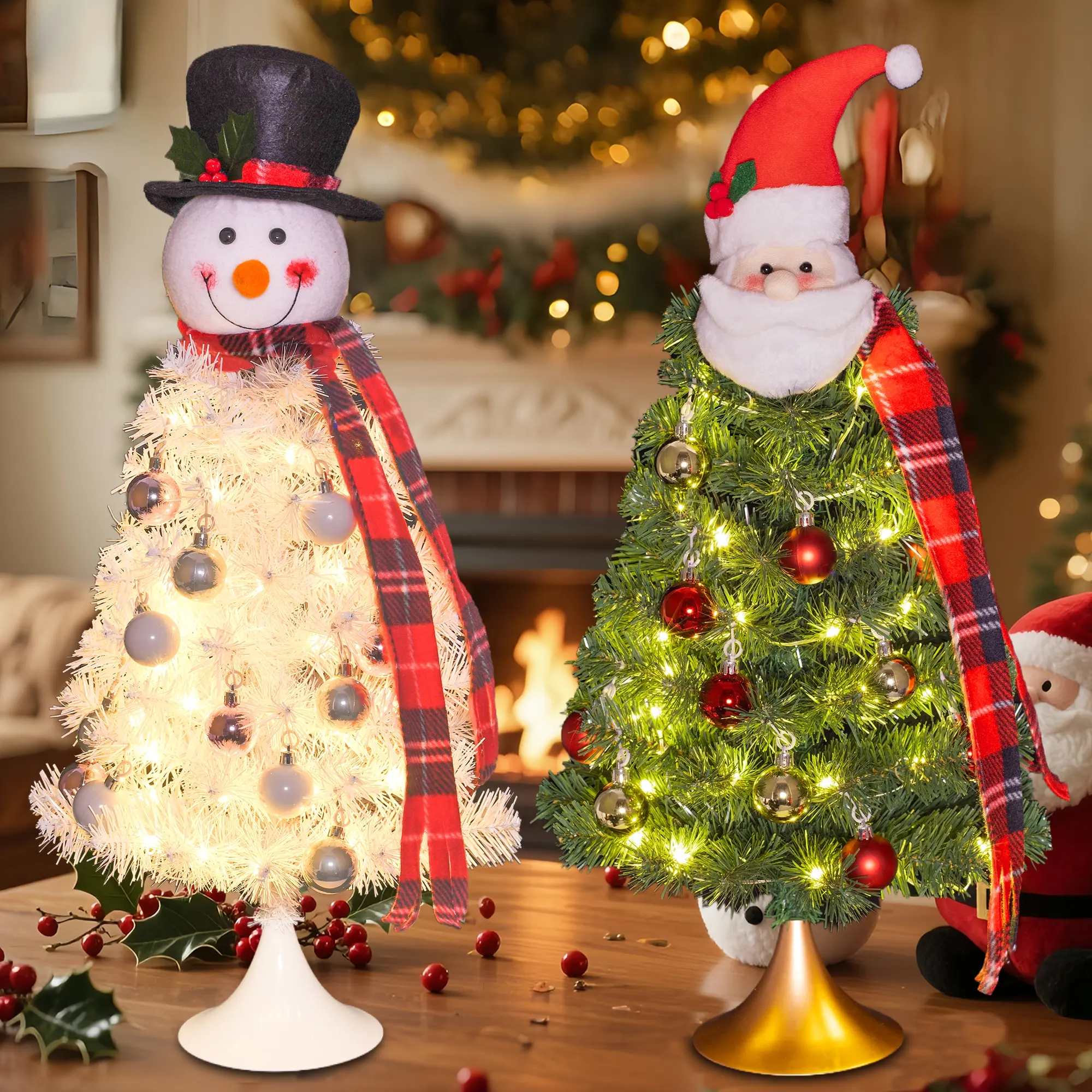 60cm Christmas Tree with Santa & Snowman Topper, Ornaments, Warm LED Lights, Battery Powered, 8 Modes, Metal Base, Perfect Holiday Decor