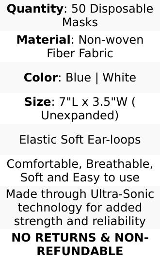 50 Pack 3 Ply Disposable Face Mask Non Woven Mask with Ear Loop