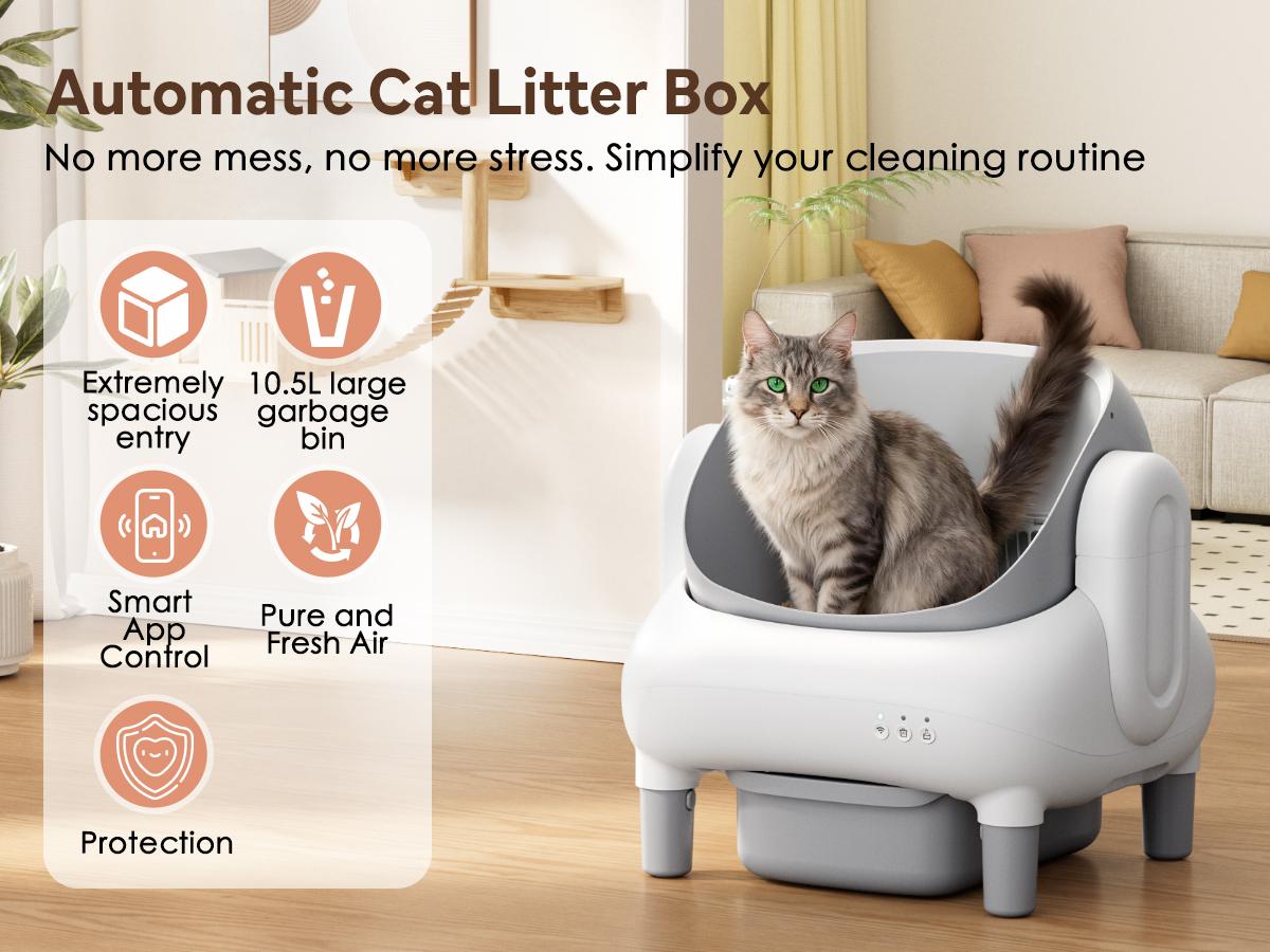 FUMOI Multi-Cat Smart Self-Cleaning Litter Box, Open-Top Automatic Cleaner with APP Control, Safety Sensors & Odor-Lock Technology, 10.5L Large Waste Bin