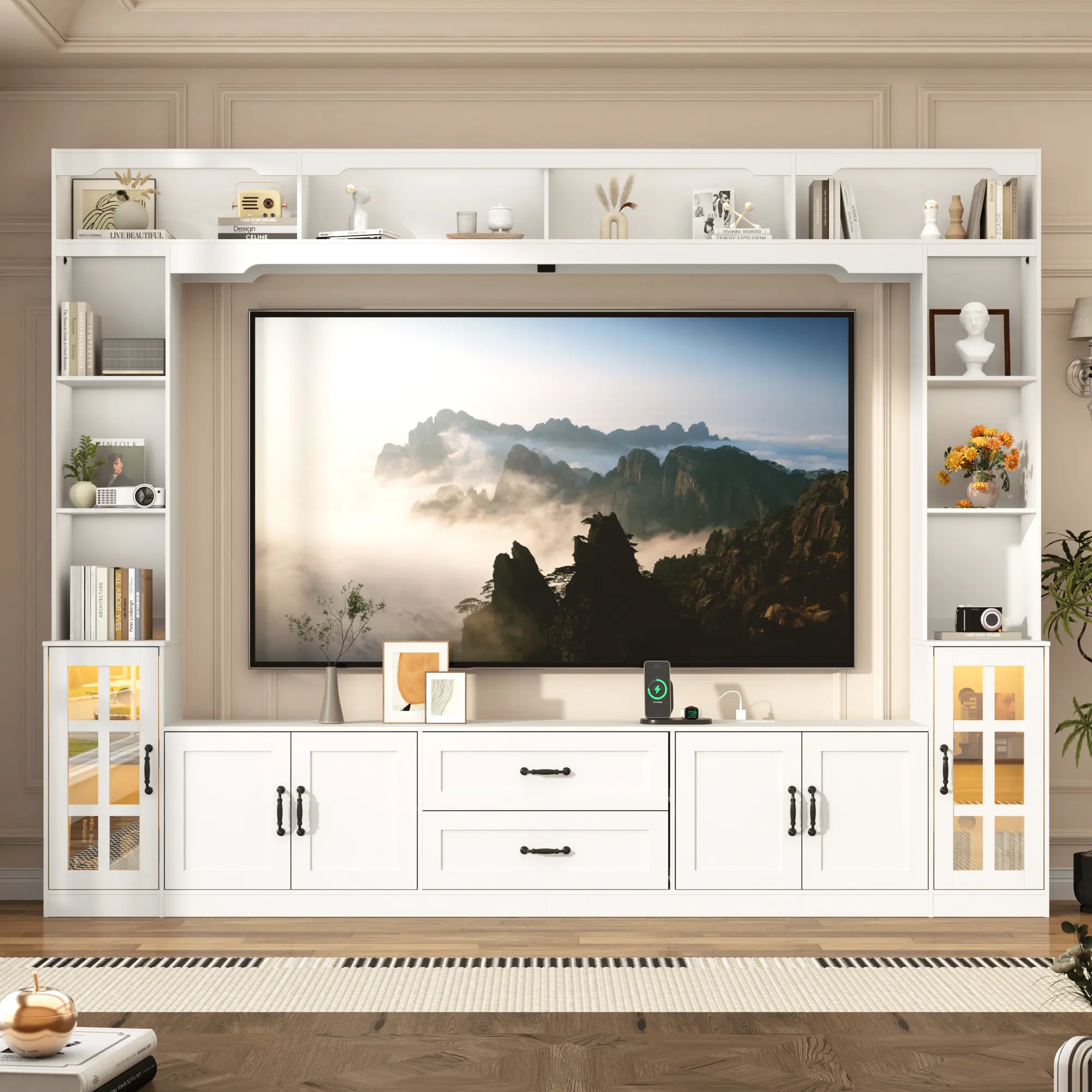 Modern Wood TV Console - 106x78.9" Stable Wall Unit Entertainment Center with Bookshelves, 2 Drawers, Open Shelves, Tempered Glass Doors, Reinforced Base, 102" TV Coverage, Easy Access Design for 70-80in TVs, Black/White Large Living Room House Furniture,