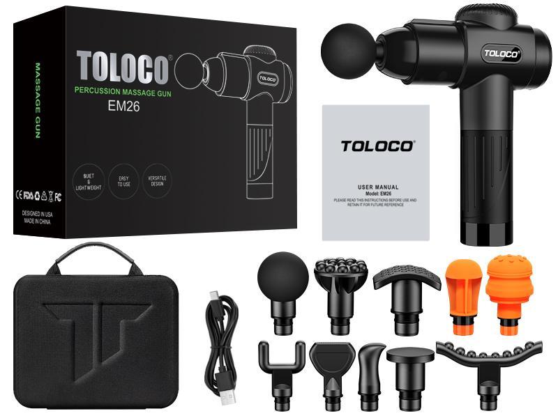 TOLOCO deep tissue massage gun features 10 heads and a silent brushless motor. Ideal for athletes and pain relief. Perfect cordless Christmas gift! Adjustable Massager