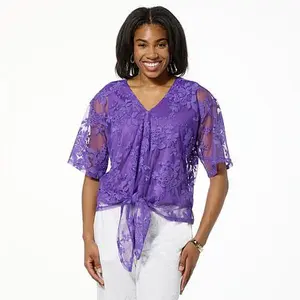 Nina Leonard Embroidered Mesh Tie Front Kimono Top