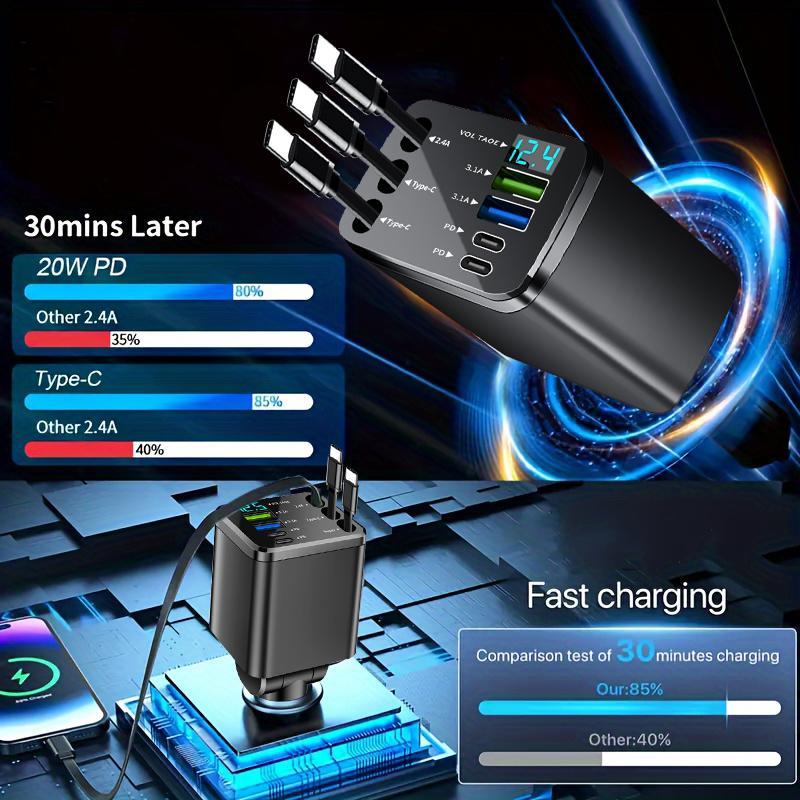 Best-Selling 8-in-1 Car Charger with Retractable Cables, Smart LED Display & 180° Rotation, PD Fast Charging for iPhone, Type-C & Android Devices Multi-Port USB Hub Compact Plug & Play Design Voltage Monitor Perfect for Travel, Daily Driving & Road Trips