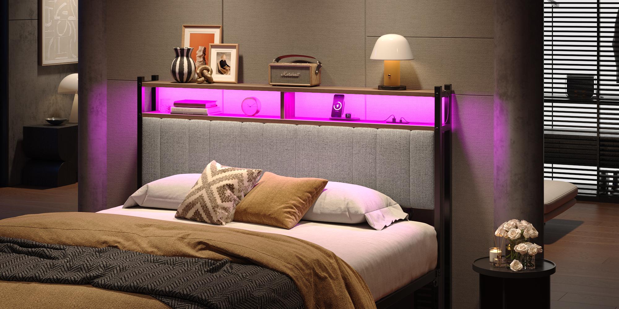 Pinmoco Upholstered Headboard with Storage, Linen Head Board with LED Light and Charging Station 【Headboard Only】