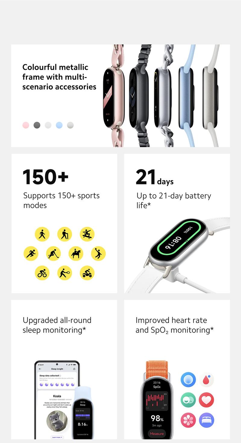 Smart Band 9 Global Version  1.62" Amoled Display | up to 21 Days of Battery Life | Over 150 Workout Modes - Wearable Bluetooth Alloy Aluminium Watches Android Charging Screen