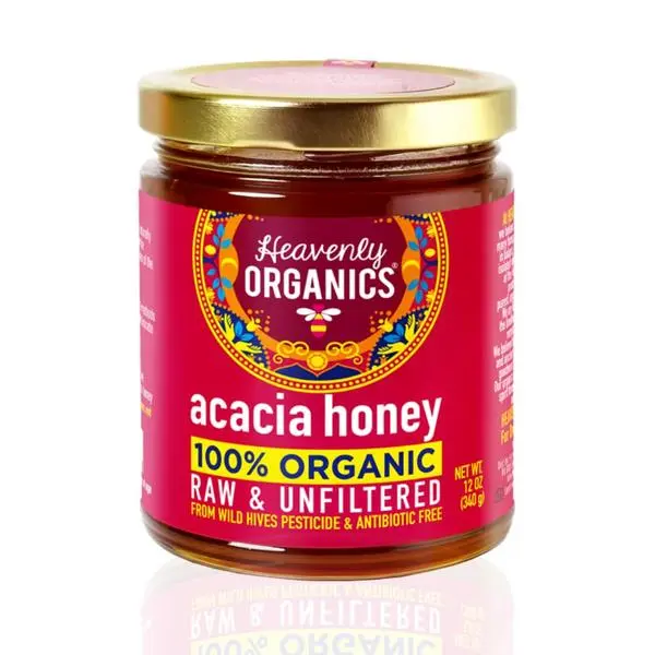 Heavenly Organics 100% Organic Raw Acacia Honey (12oz) Lightly Filtered - Made from Wild Beehives & Free Range Bees; Dairy, Nut, & Gluten Free, Kosher