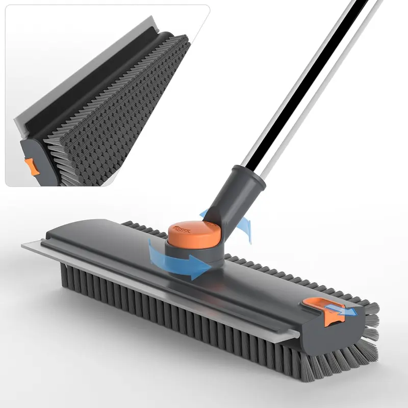 3-in-1 Floor Scrubber Squeegee Combo with Adjustable Steel Long Handle - Double-Sided Heavy-Duty Stiff Bristle Brush, Silicone Blade & Glass Scrubber, Box-Included Home Cleaning Essential for Bathroom, Wall