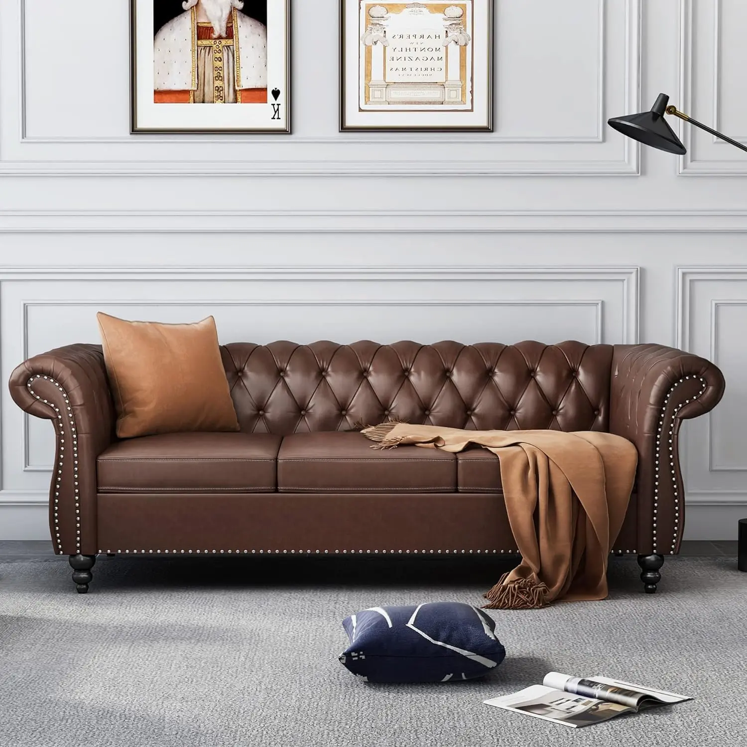 GiratreeFurniture 84" Leather Chesterfield Sofas and Chair for Living Room Furniture Sets, Chair and Sofa 2 Pieces for Office Apartment Easy to Assemble (Dark Brown)