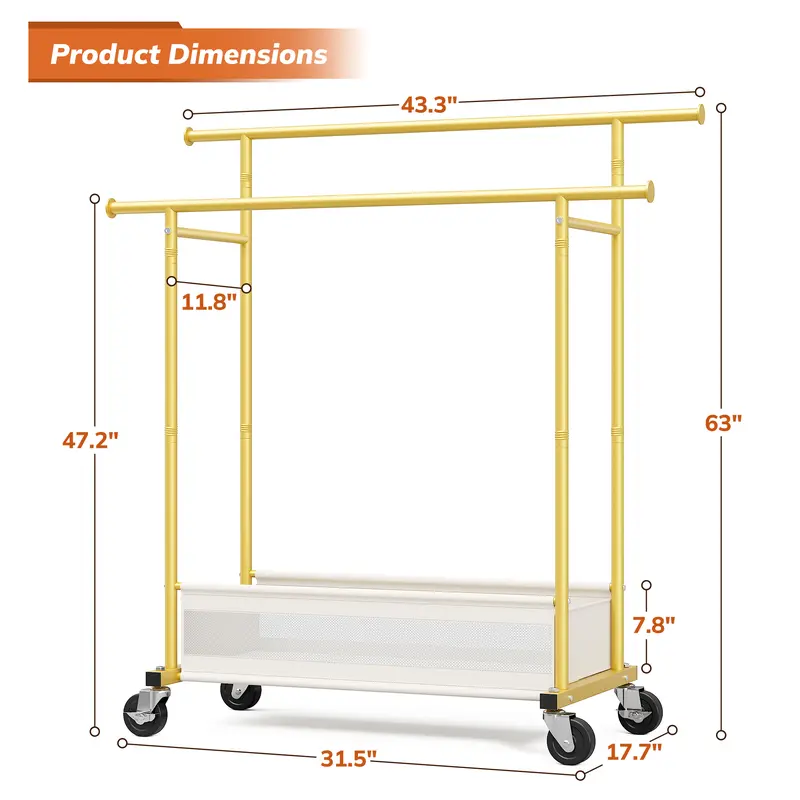 Raybee Heavy Duty Clothing Racks with Net Pocket Holds Up to 210lbs,Double Rod Metal Clothes Rack for Hanging, Rolling Garment Rack with Wheels Portable Closet Racks for Bedroom, Laundry Room,Dorm, Black, White, Gold Raybee Heavy Duty Clothing Racks with Net Pocket Holds Up to 210lbs,Double Rod Metal Clothes Rack for Hanging, Rolling Garment Rack with Wheels Portable Closet Racks for Bedroom, Laundry Room,Dorm, Black, White, Gold