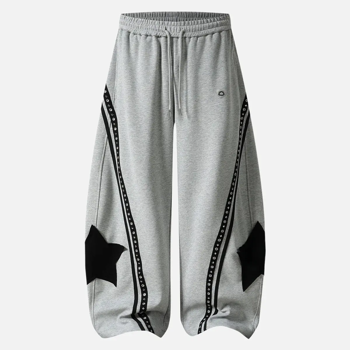 Aelfric Eden Men's High-Waist Panel Cotton Black Sweatpants - Oversized Wide-Leg Barrel Style, Star Patch, Studded Stripe Detail, Comfy Unisex Streetwear Athleisure Bottoms