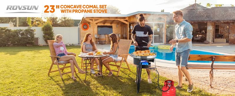 ROVSUN 23" Concave Comal Set with 80,000BTU Propane Stove, Stainless Steel Discada Disc Cooker with Burner Stand for Backyard & Outdoor Cooking, Taco Para Cocinar Carnitas Tortillas Stir Fry Wok