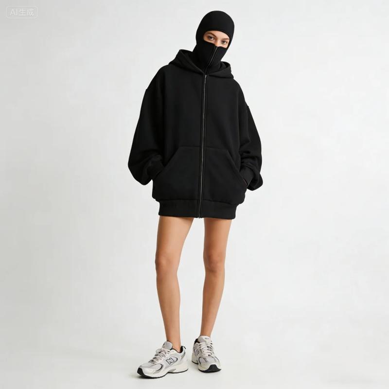Balaclava Jacket Zip Up Fashion Double Layer Hoodie Hip Hop Outerwear Jacket Y2K Clothing for Men and Women