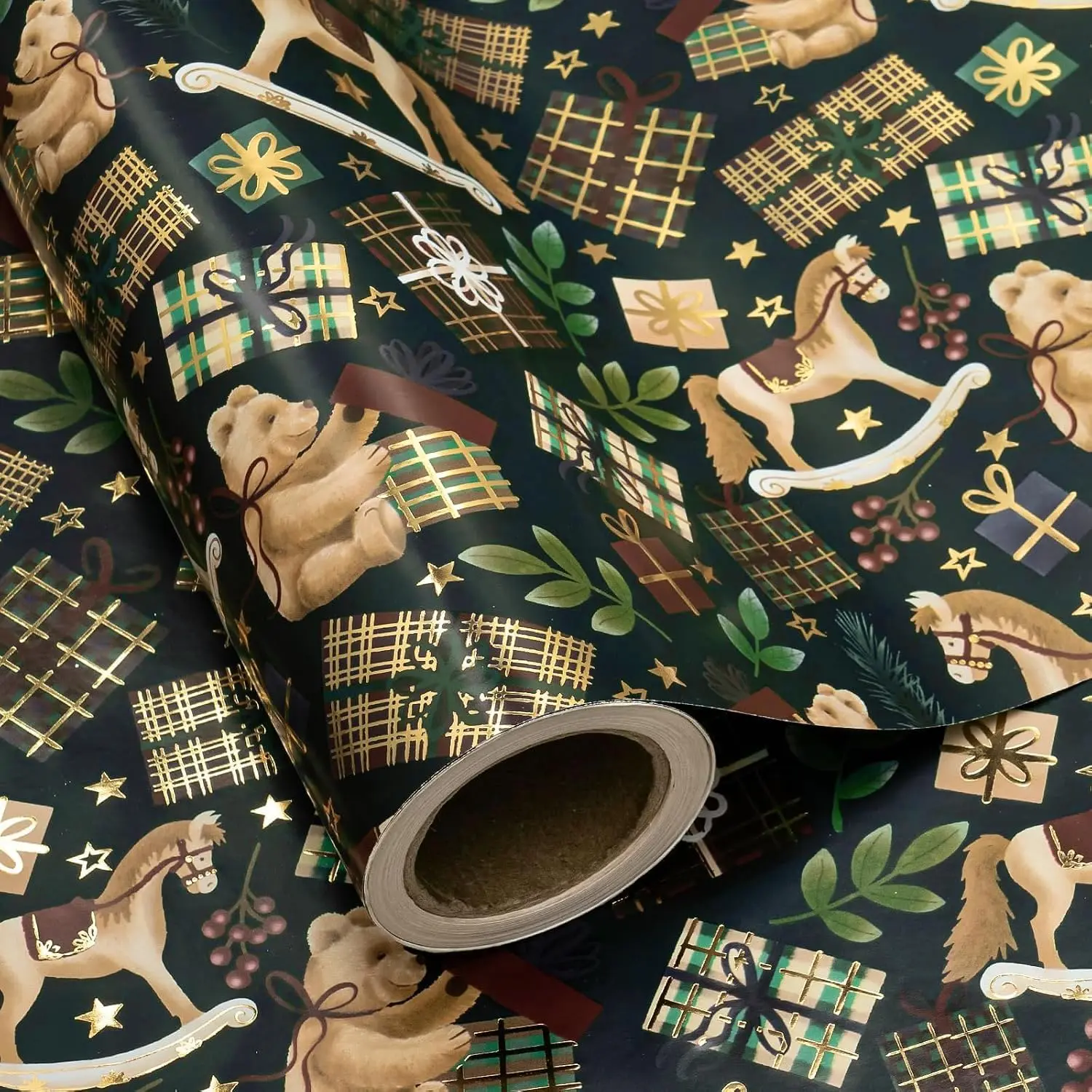 【Choose 3 Free】WRAPAHOLIC Vintage Christmas Wrapping Paper - Mini Roll - 17 Inch x 16.5 Feet - Foil Rocking Horses, Cozy Teddy Bears Green Wrapping Paper for Xmas Holiday, Kids Present, Winter Season