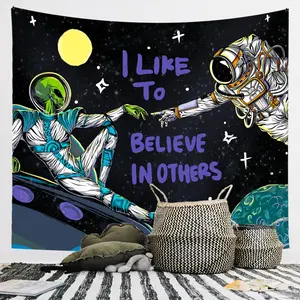 Space Astronaut & Alien Pattern Tapestry, 1 Count Cool Psychedelic Universe Planet Art Tapestry, Wall Hanging Decor for Home Living Room Bedroom