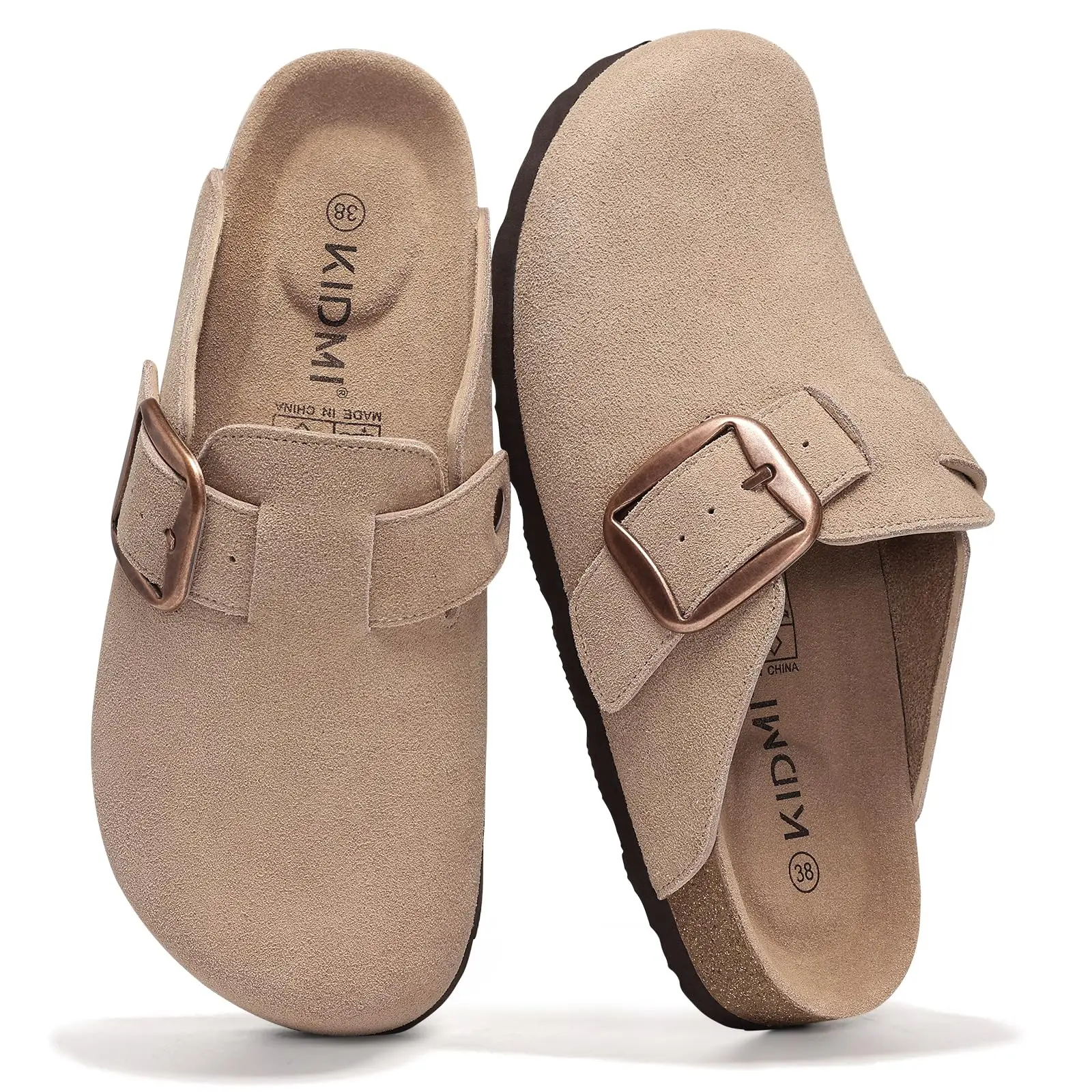KIDMI 100% Genuine Suede Clogs for Women Classic Men Clogs WIith Memory Foam Cork Footbed Potato Shoes Slip On Leather Mules with Big Buckle